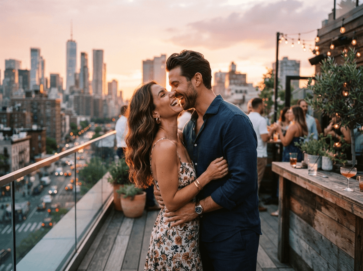 Intimate stylish couple laughing together over evening cocktails
