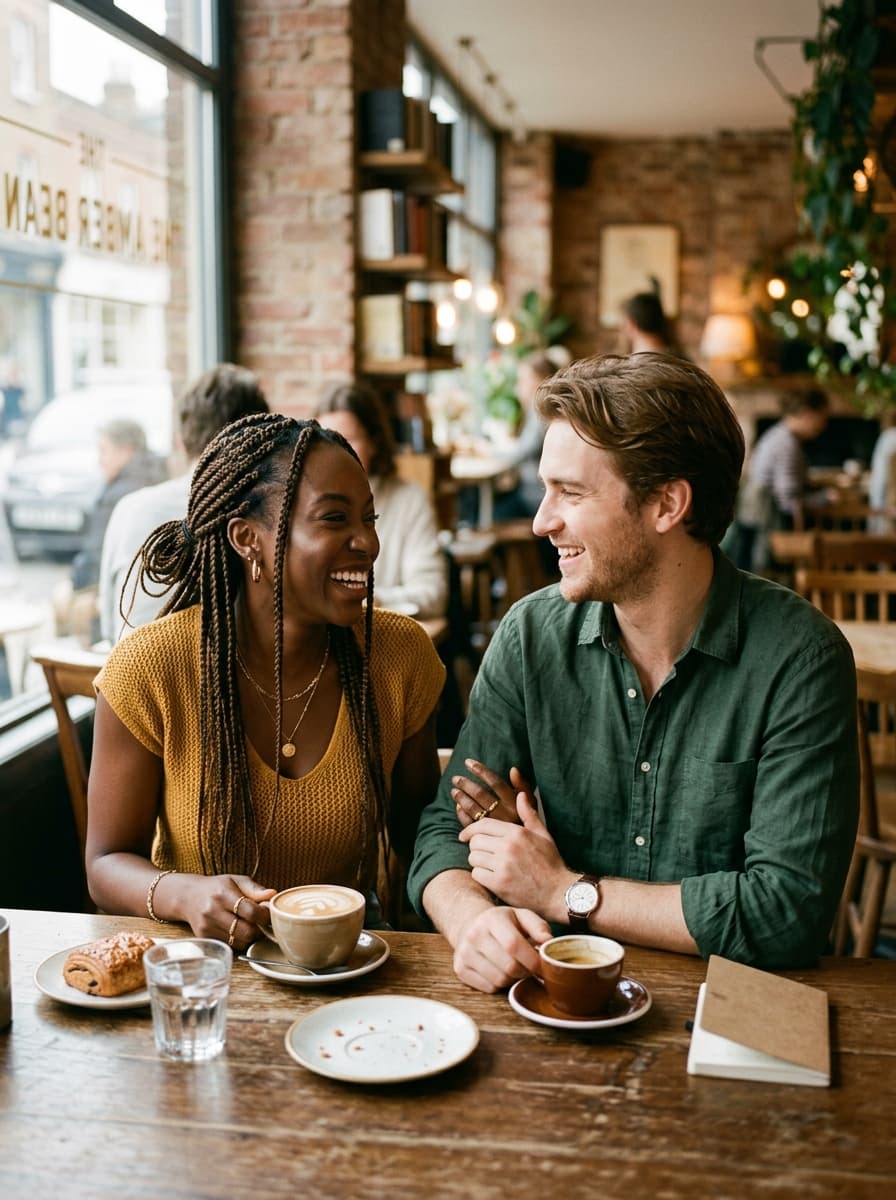 Radiant Nigerian woman and her partner laughing together over coffee