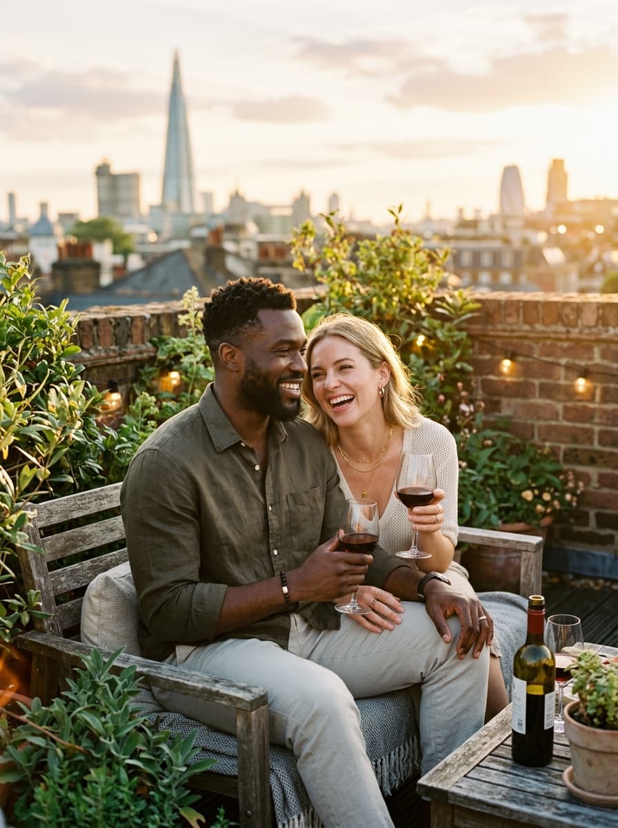 Attractive interracial couple laughing joyfully on rooftop terrace